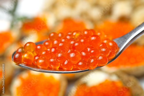 Red Caviar. Caviar in spoon. Gourmet food. Appetizer
