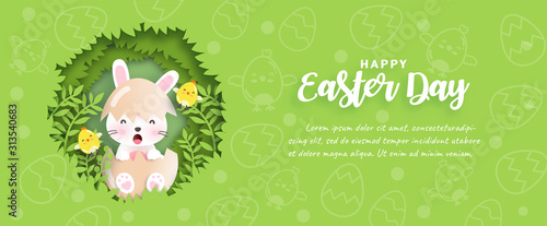 Easter day banner with cute chickens , rabbit and Easter eggs in paper cut style. 