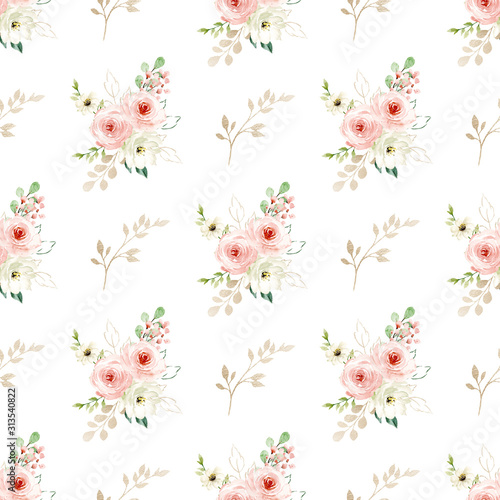 Seamless background, pattern, vintage floral texture with bouquets watercolor pink flowers roses. Repeat fabric wallpaper. Perfectly for wrapping paper, backdrop. © Larisa
