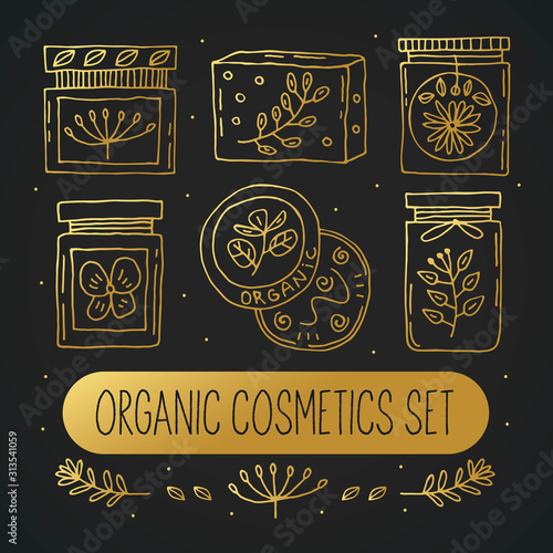 Natural cosmetics doodle vector clipart, set of isolated elements. Herbs. Organic ingredients. Eco friendly, vegetarian, vegan cosmetics, farmacy. Sticker, icon, symbol. Elegant golden design. 