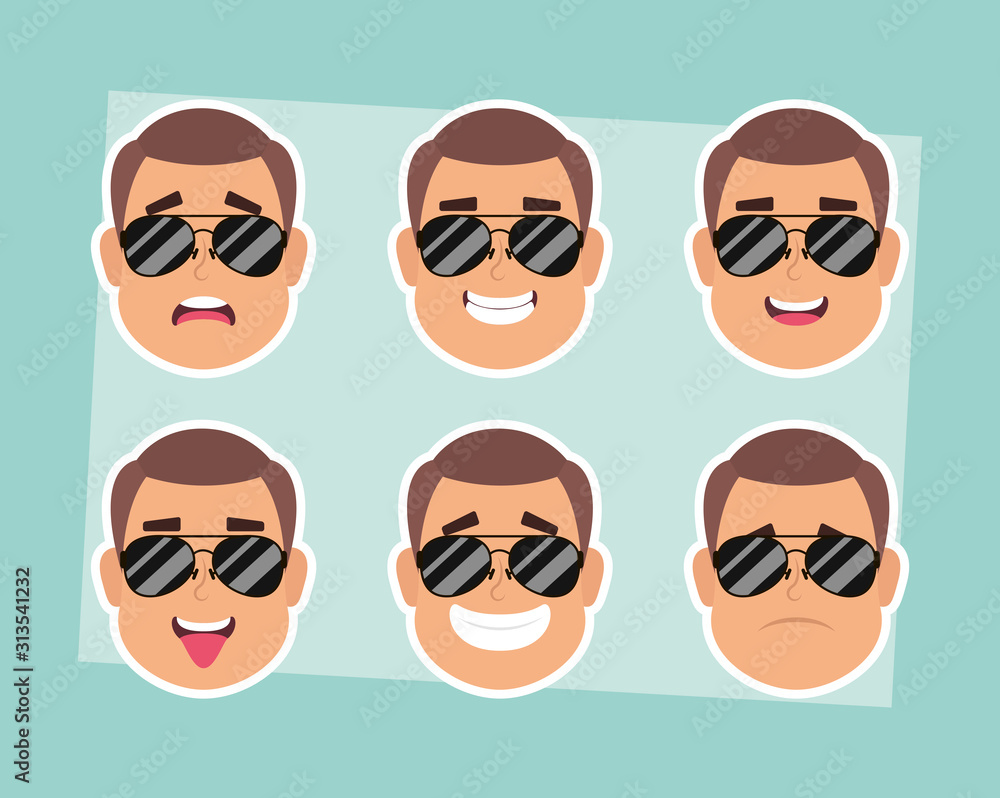 group of man faces with sunglasses characters group of man faces with sunglasses characters