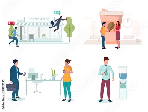 Office people taking coffee break set, vector illustration
