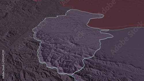 Vidin, province with its capital, zoomed and extruded on the administrative map of Bulgaria in the conformal Stereographic projection. Animation 3D photo