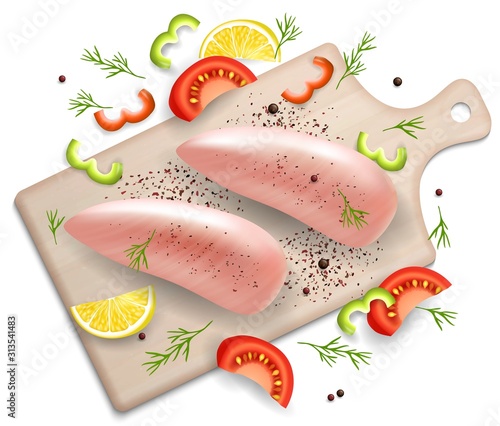 Chicken breast fillets on cutting board, vector realistic illustration