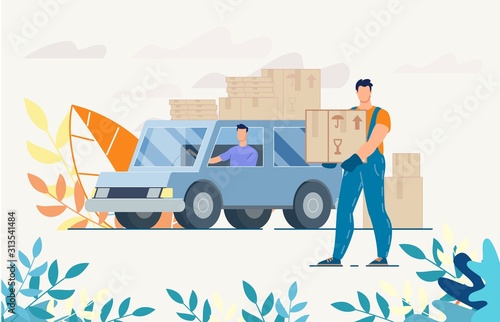 Deliveryman and Man Driver on Truck with Parcels in Boxes. House Moving, Goods, Electronics Transportation. Fast Service for Shipping Parcels. Postal Support. Logistics and Home Office Delivery