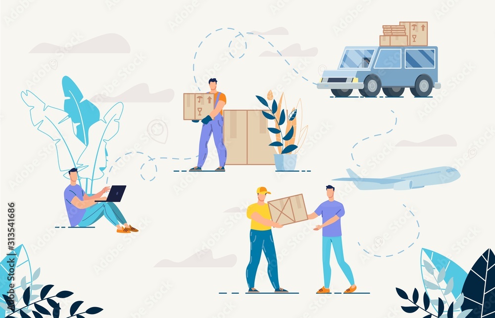 Obraz premium Shopping Online Goods Delivery Service Set. Man Sitting with Laptop Buying via Internet, Courier Giving Box to Customer, Shipping Truck with Cardboard Packages, Deliveryman Handing Wrapped Appliance