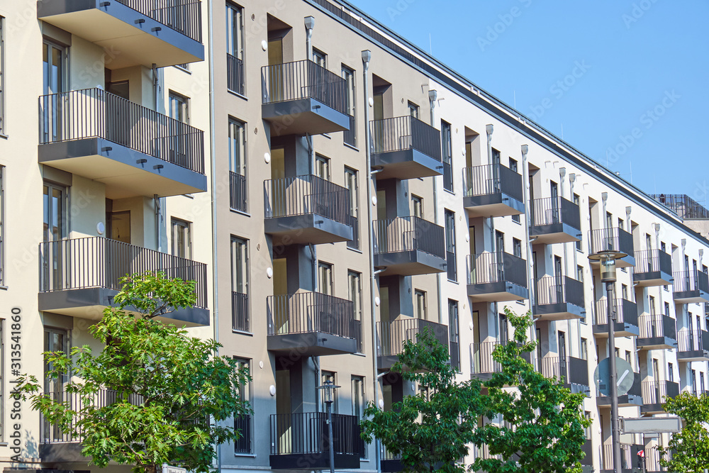 New apartment buildings with balconies seen in Berlin, Germany