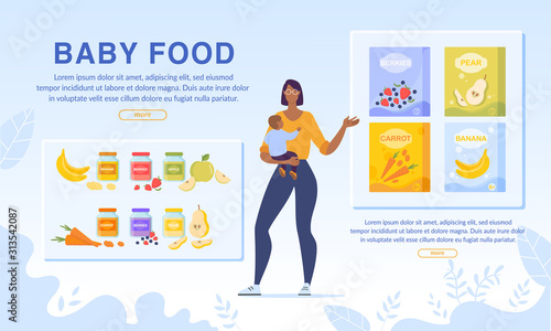 Order Online Baby Food Delivery Service Webpage. Dry Sour-Milk, Dairy-Free, Milk Mixtures, Cereals in Paper Packages, Prepared Mashed Puree in Bottle Jar with Fruits Vegetables. Organic Nutrition