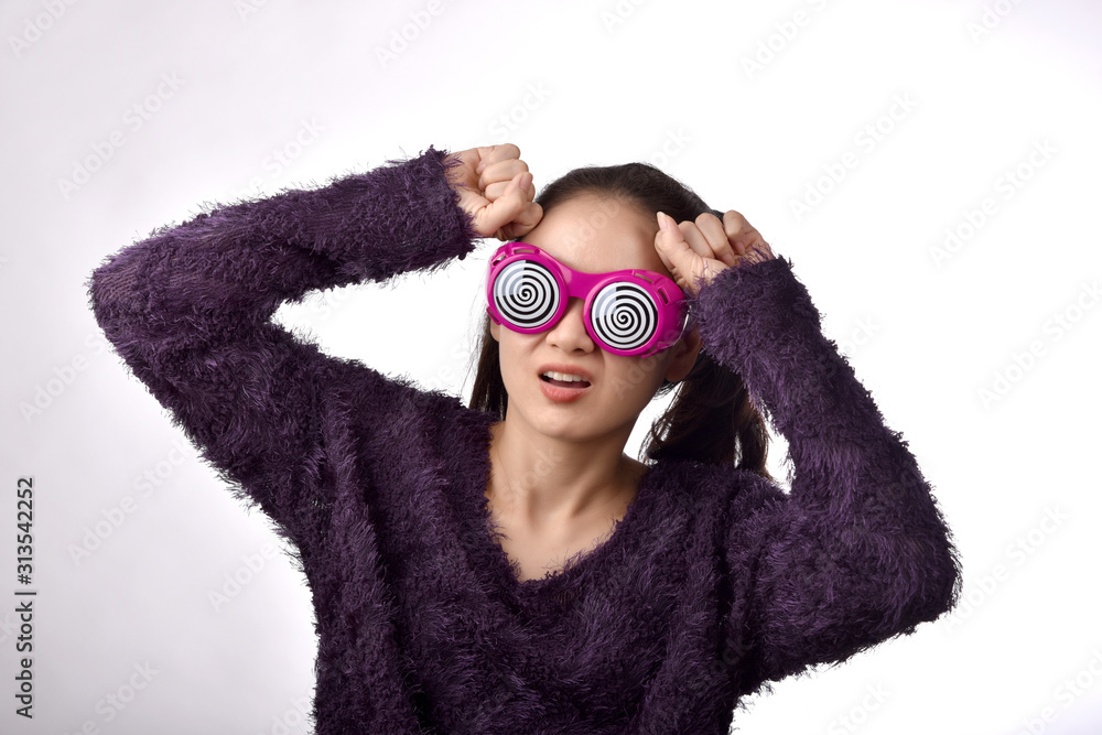 Confused and dizzy asian woman wear funny glasses, Girl's face