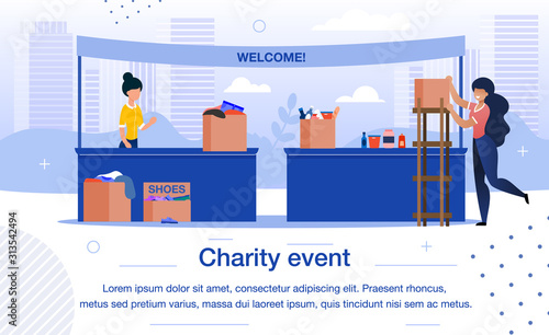 Charity Event, Donations Collecting for Social Needs Trendy Flat Vector Banner, Poster Template. Multinational Female Volunteers Taking Part in Charity Fair, Collecting Clothing and Food Illustration
