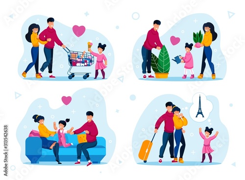 Happy Childhood and Parenting Scenes Isolated Trendy Flat Vectors Set. Parents with Child Shopping on Sale, Watering Plants at Home, Resting Together on Sofa, Going on Vacation Journey Illustration