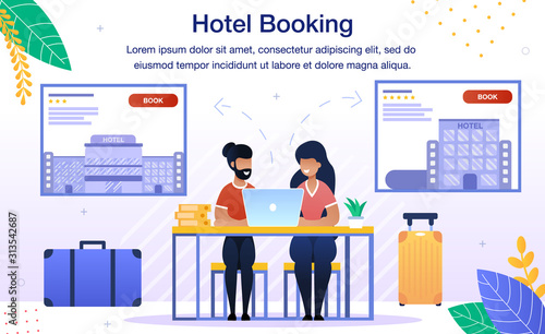 Booking Hotel Room Online, Planing Vacation or Honeymoon Travel Trendy Flat Vector Advertising Banner, Promo Poster Template. Happy Couple Using Laptop to Search and Reserve Best Hotel Illustration