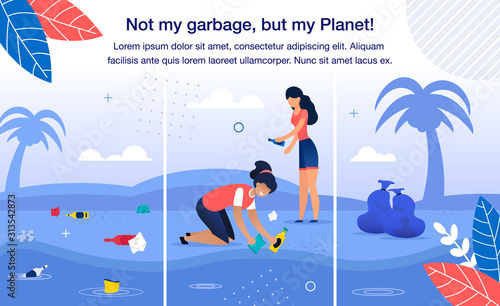 saving planet from garbage and plastic waste trendy flat vector banner, poster template. female volunteers team, women collecting trash on beach, cleaning tropical seacoast from pollution illustration