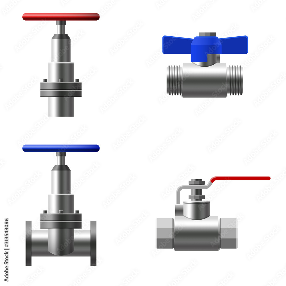 Set valves ball, fittings, pipes of metal piping system. Different types valves water, oil, gas pipeline, pipes sewage