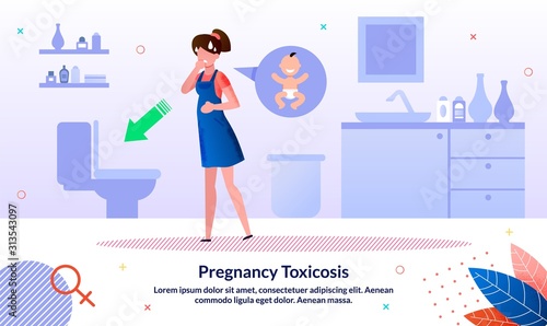 Pregnancy Toxicosis, Morning Sickness Symptoms Trendy Flat Vector Banner, Poster Template. Pregnant Woman Feeling Unhealthy, Wants To Vomit, Lady Worrying About Unintended Pregnancy Illustration
