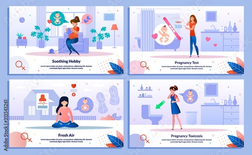 Pregnancy Test Positive Result, Pregnant Woman Hobby, Outdoor Activity, Morning Sickness Trendy Flat Vector Banner, Poster Set. Woman Feeling Nausea, Meditating, Looking on Test, Knitting Illustration