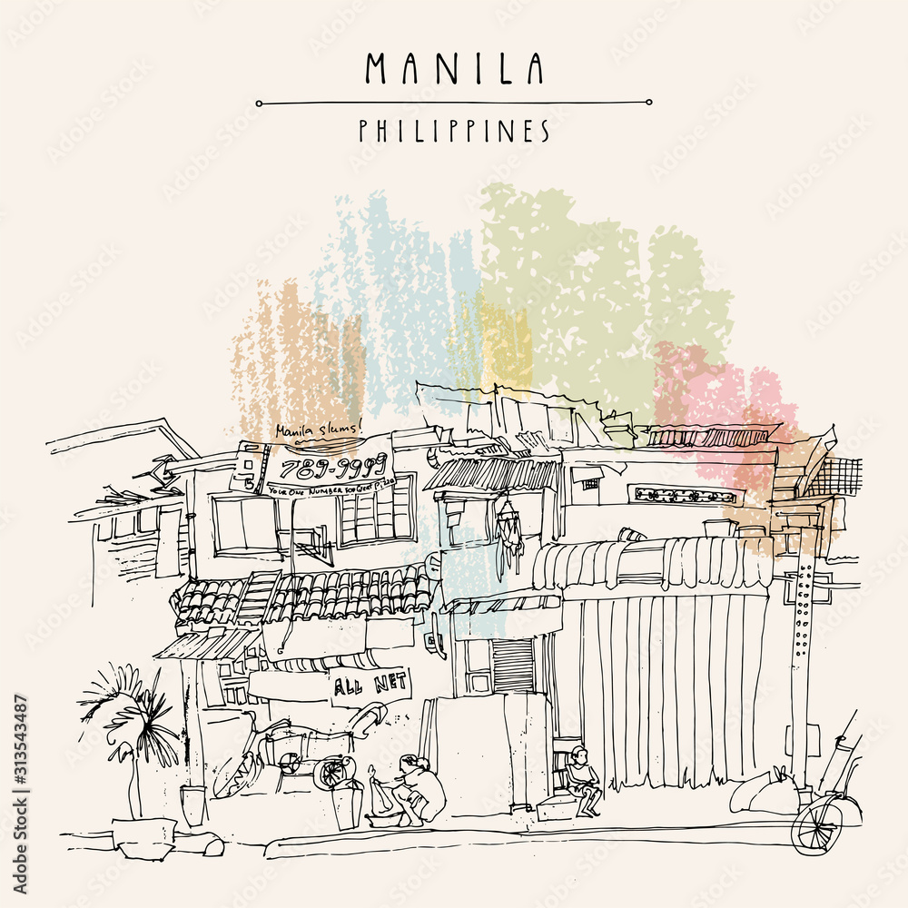 Fototapeta premium Slums in the old part of Manila, Philippines, Asia. Hand drawn vintage postcard or poster template