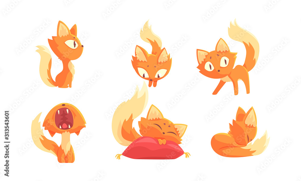 Fototapeta premium Cute Red and Ginger Cartoon Cat Character Expressing Different Emotions Vector Set