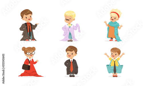 Kids Playing Adult Wearing Parents Clothing Items Vector Set