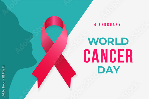 World Cancer Day poster background template design with ribbon woman face silhouette and symbol vector illustration