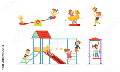 Little Children Playing at Playground Vector Illustrations Set. Careless Childhood Concept