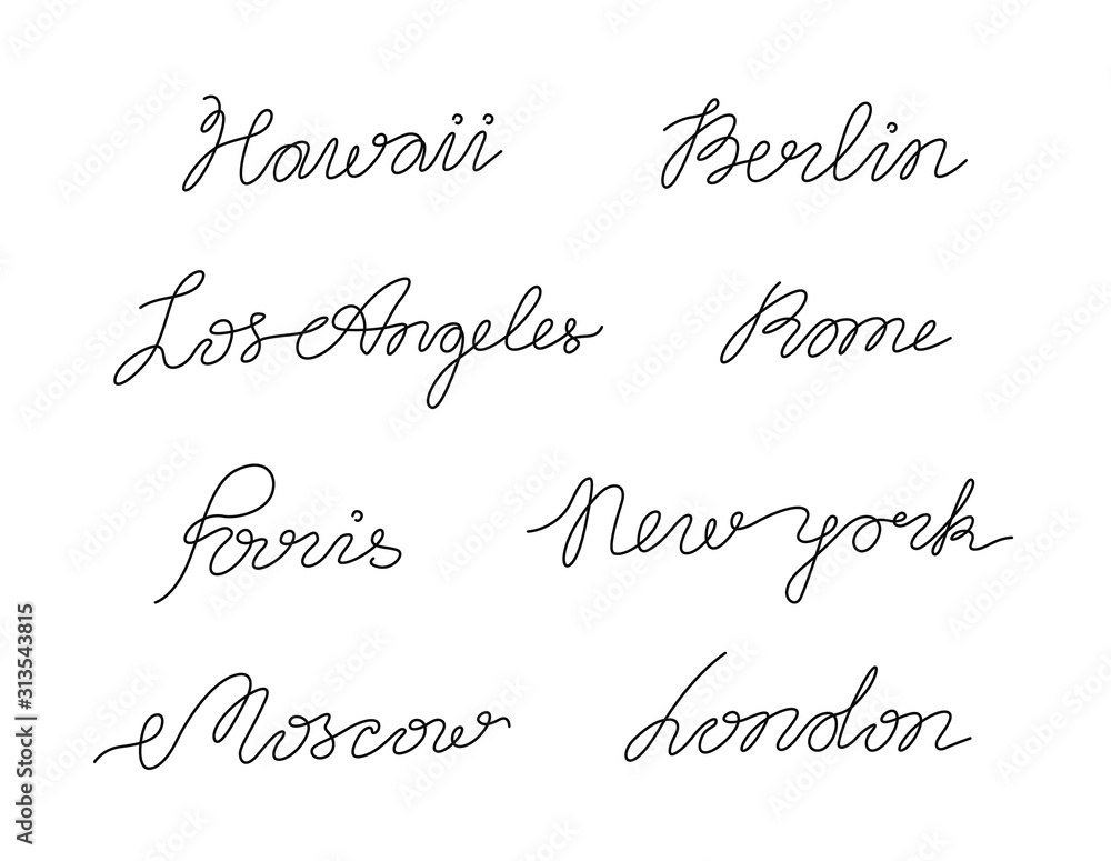 Set of city names, tourism and travel, continuous line drawing, hand lettering, print for clothes, t-shirt, emblem or logo design, one single line on a white background, isolated vector illustration.