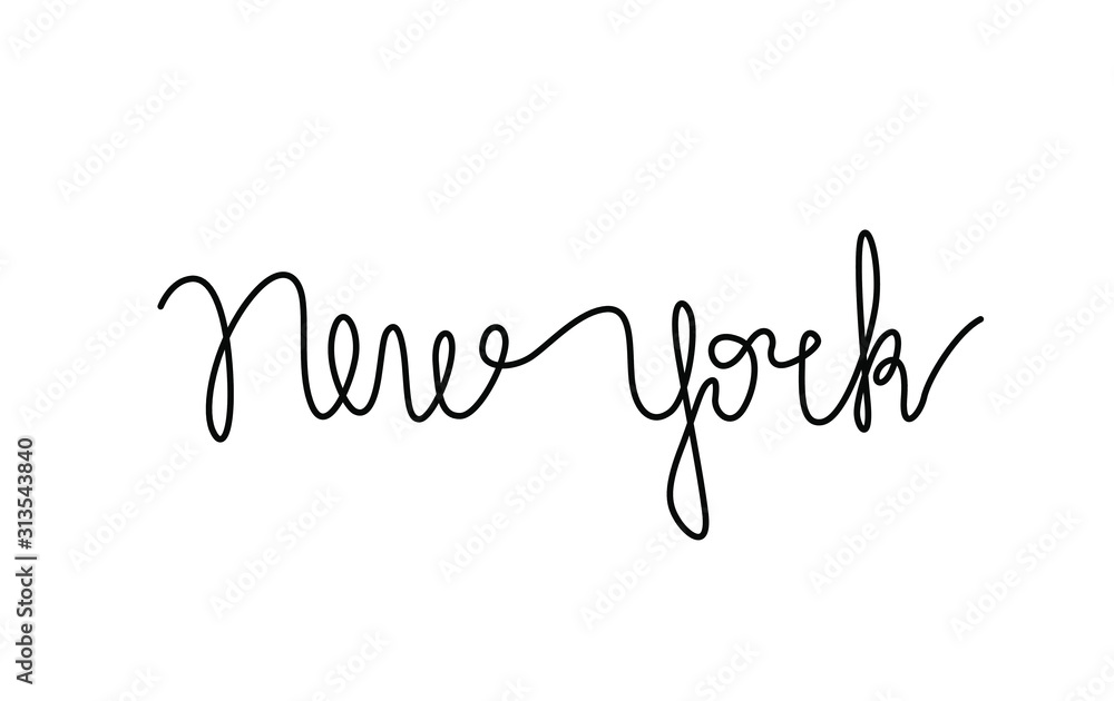 New York inscription continuous line drawing, hand lettering small tattoo, print for clothes, t-shirt, emblem or logo design, one single line on a white background, isolated vector illustration