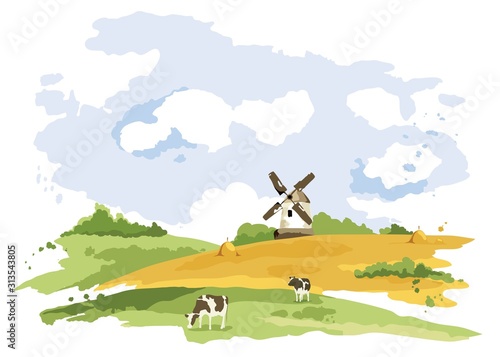 Abstract rural landscape with cows and windmill. Watercolor illustration, wheat fields and meadows	