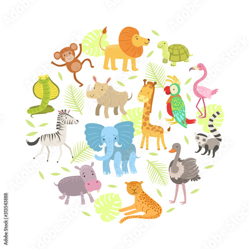 Cute African Animals and Birds Seamless Pattern of Round Shape Vector illustration