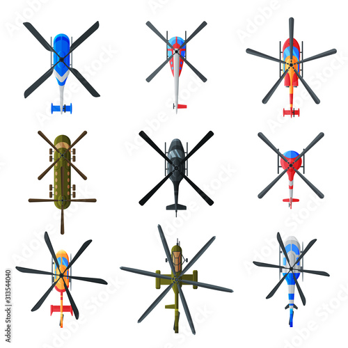 Flying Helicopters Collection, View from Above, Civil and Military Air Transport Vector Illustration
