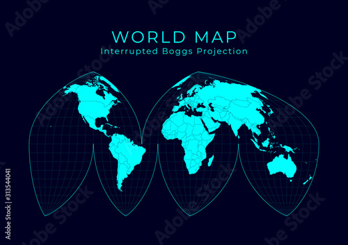 Map of the World. Boggs' interrupted eumorphic projection. Futuristic infographic world illustration. Bright cyan colors on dark background. Captivating vector illustration.