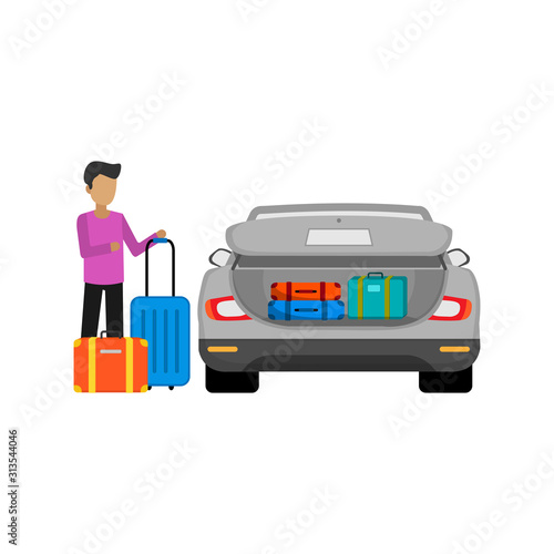 suitcase and bag inserted into the trunk of a vector design family vacation