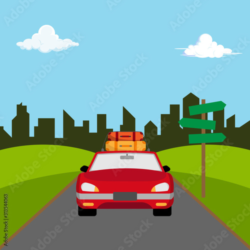 Fototapeta Naklejka Na Ścianę i Meble -  illustration of a holiday trip with a private sedan out of town flat design