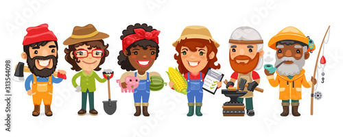 A group of people with different professions stand on a white background. Lumberjack, digger, farmer, agronomist, blacksmith and fisherman. Flat style cartoon characters.