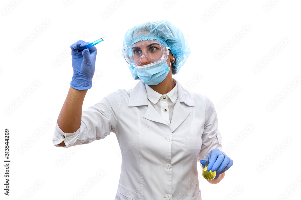 Chemist in protective uniform holding and examining test tube with blue vial substance isolated on white. Woman scientist making experiment Chemist in protective uniform holding and examining test tube with blue vial substance isolated on white. Woman scientist making experiment