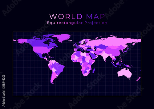 World Map. Equirectangular (plate carree) projection. Digital world illustration. Bright pink neon colors on dark background. Captivating vector illustration.