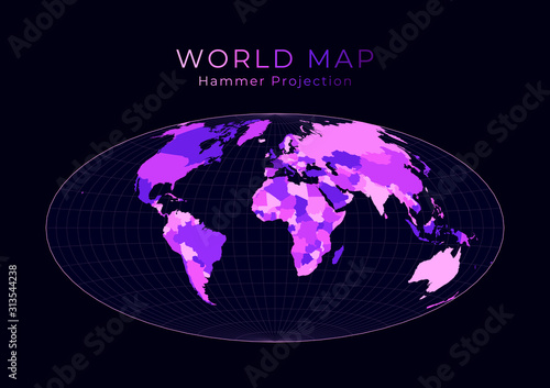 World Map. Hammer projection. Digital world illustration. Bright pink neon colors on dark background. Appealing vector illustration.