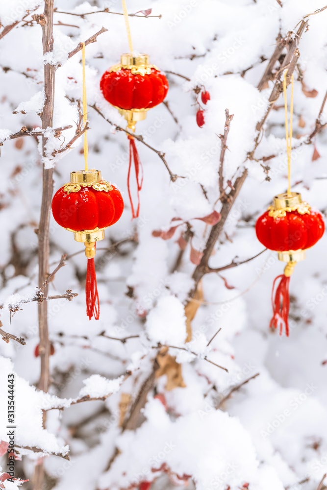 Red lanterns in the snow
