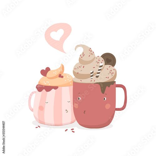 Valentine's Day Illustration of two mugs with whipped cream in love. Cartoon Cups cut out characters. 