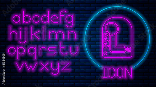 Glowing neon Gear shifter icon isolated on brick wall background. Transmission icon. Neon light alphabet. Vector Illustration