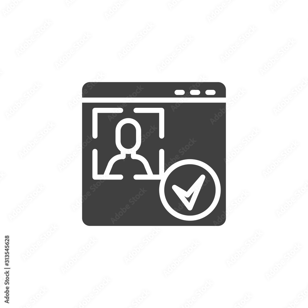 Account ID verification vector icon. Facial recognition filled flat sign for mobile concept and web design. Website admin verification glyph icon. Cyber protection symbol, logo illustration. Account ID verification vector icon. Facial recognition filled flat sign for mobile concept and web design. Website admin verification glyph icon. Cyber protection symbol, logo illustration.