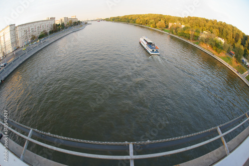 Moskva River, Sparrow Hills /Vorobyevy Gory Park is popular place for walking of citizens. Photography is suitable for greeting card design, poster, postcard template.  photo