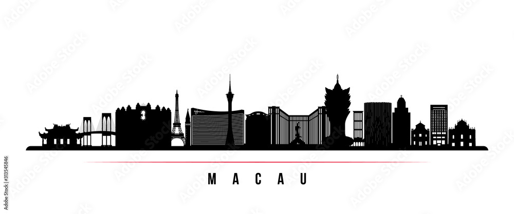 Macau skyline horizontal banner. Black and white silhouette of Macau. Vector template for your design.