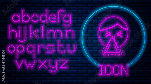 Glowing neon Man holding handkerchief or napkin to his runny nose icon isolated on brick wall background. Coryza desease symptoms. Neon light alphabet. Vector Illustration