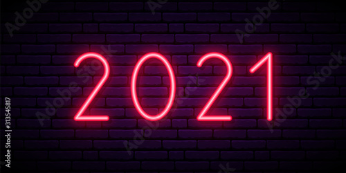 2021 neon sign, bright signboard, light banner. Logo neon, emblem. Vector illustration.