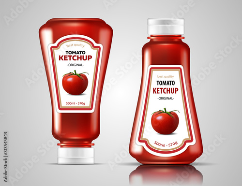 Two bottles of ketchup on a glossy surface. Highly realistic illustration.