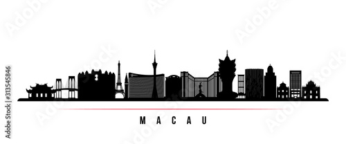Macau skyline horizontal banner. Black and white silhouette of Macau. Vector template for your design. photo