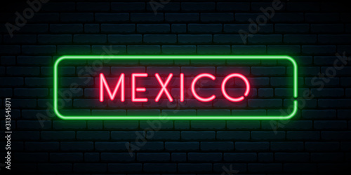 Mexico neon sign. Bright light signboard. Vector banner.