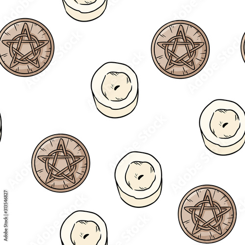Candles and magic pentacles comic style doodles top view seamless pattern. Cozy wiccan altar with wooden pentagrams and candles boho template texture background tile