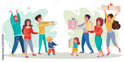 one group of people men and women joyfully gives gifts to another group of people with children, vector illustration